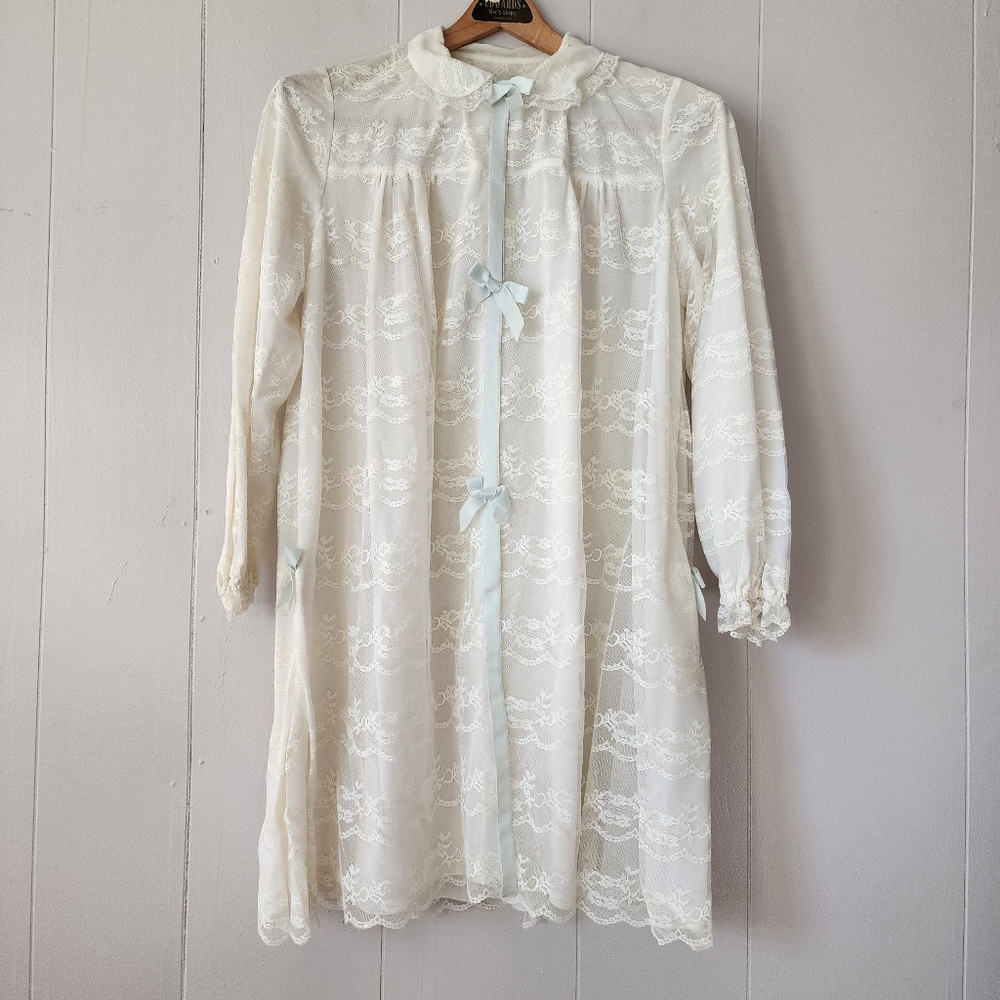 Vintage Odette Barsa Ivory Lace Peignoir Robe 1950s Sheer Blue Ribbon